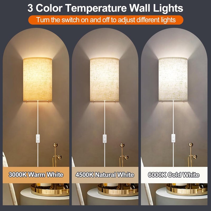 Yunaking Plug in Wall Sconces Set of Two: Wall Lights with On/Off Switch - Stepless Color Temperature Wall Mount Lamps - Fabric Linen Wall Sconce for Bedroom Living Room & Hallway- Indoor Corded Wall Sconces - Image 2
